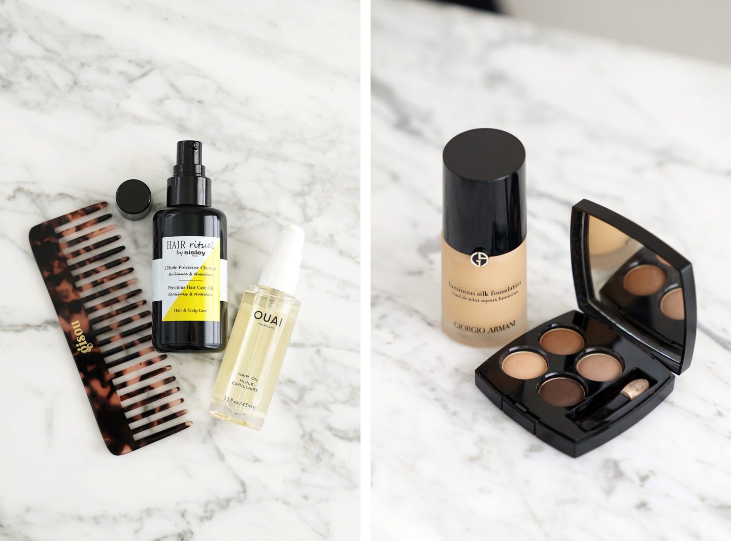 Gisou Hair Comb, Sisley Hair Oil, Ouai Hair Oil, Armani Luminous Silk, Chanel Clair Obscur