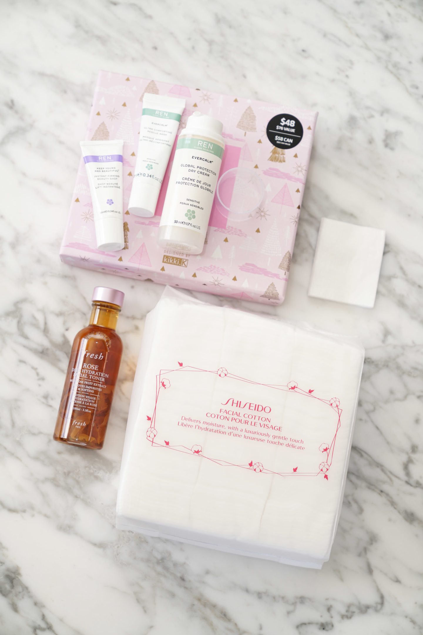 Skincare haul REN, Fresh Rose Toner mini, Shiseido Cotton