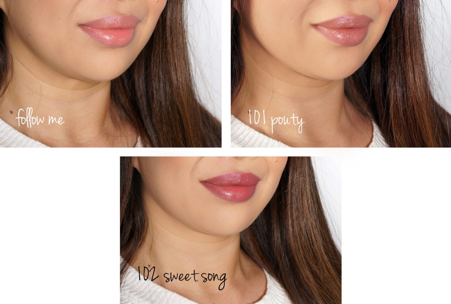 Cle de Peau Lipstick Cashmere swatches 504, 101 and 102