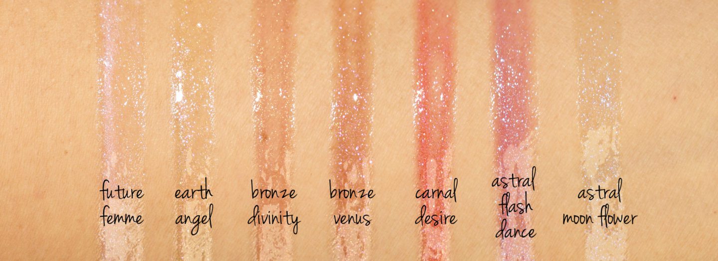 Pat McGrath Lust Gloss shimmers: Future Femme, Earth Angel, Bronze Divinity, Bronze Venus, Carnal Desire, Astral Flash Dance and Astral Moon Flower swatches | Fashion Groom Spot