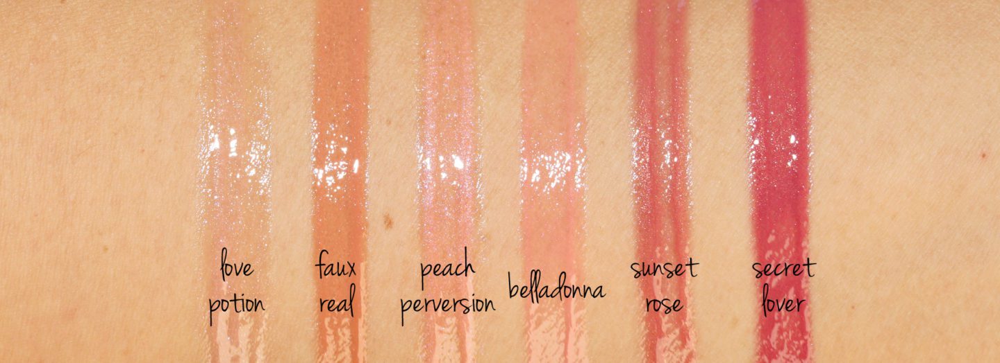 Pat McGrath LUST Gloss Spring 2019: Love Potion, Faux Real, Peach Perversion, Belladonna, Sunset Rose and Secret Lover swatches | Fashion Groom Spot