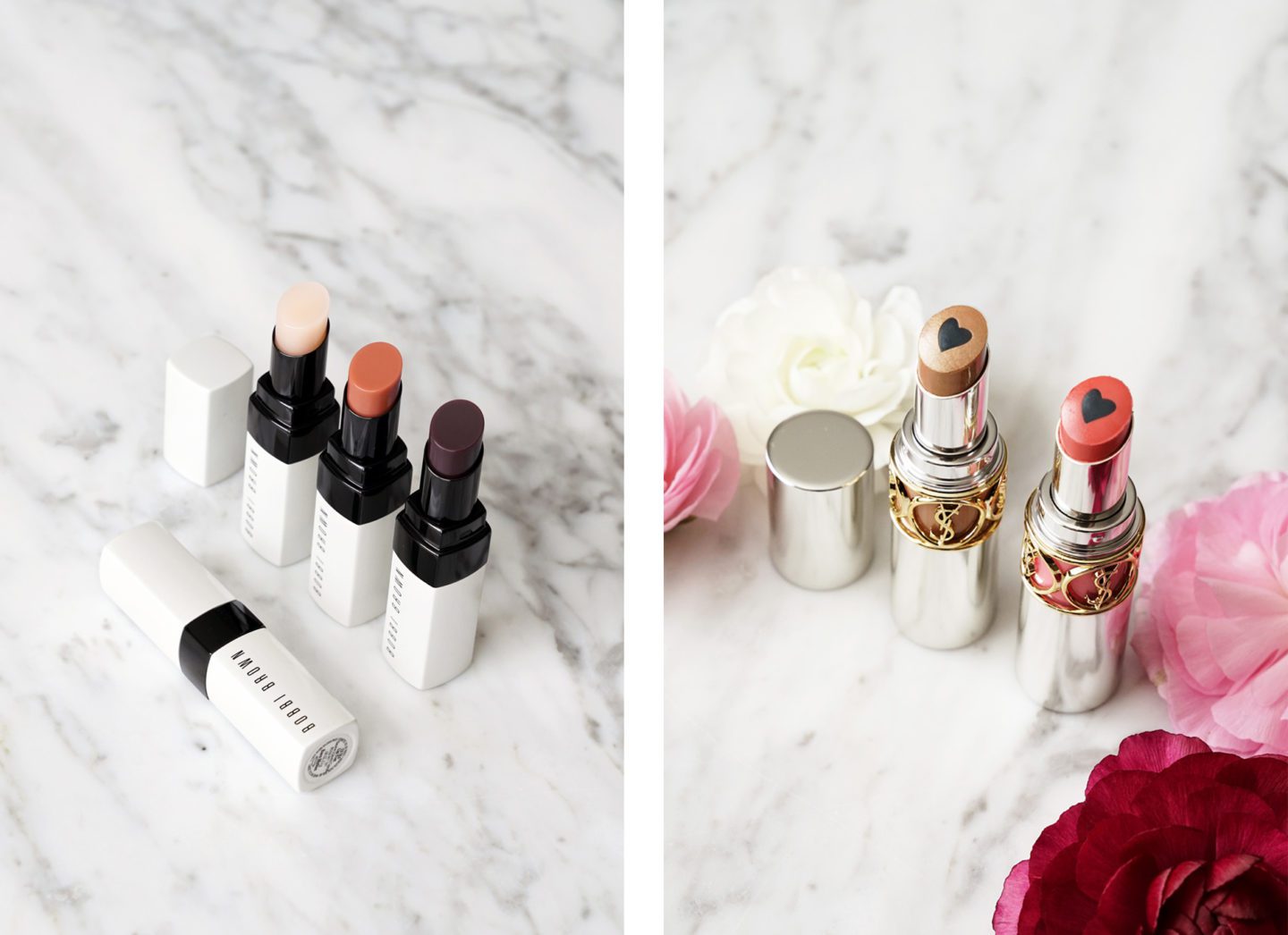 Bobbi Brown Extra Lip Tint in Bare Pink, Bare Nude and Bare Blackberry YSL Volupte Plump in Color