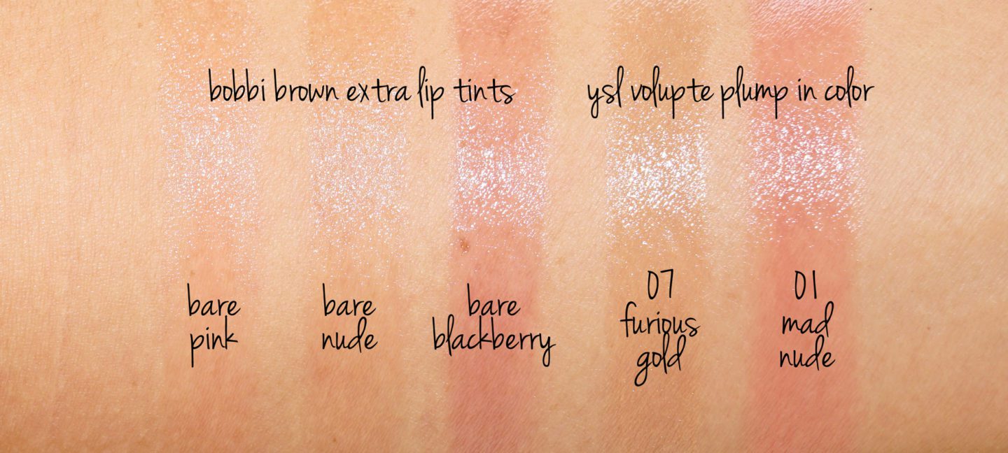 Bobbi Brown Extra Lip Tint in Bare Pink, Bare Nude and Bare Blackberry YSL Volupte Plump in Color Mad Nude and Furious Gold swatches
