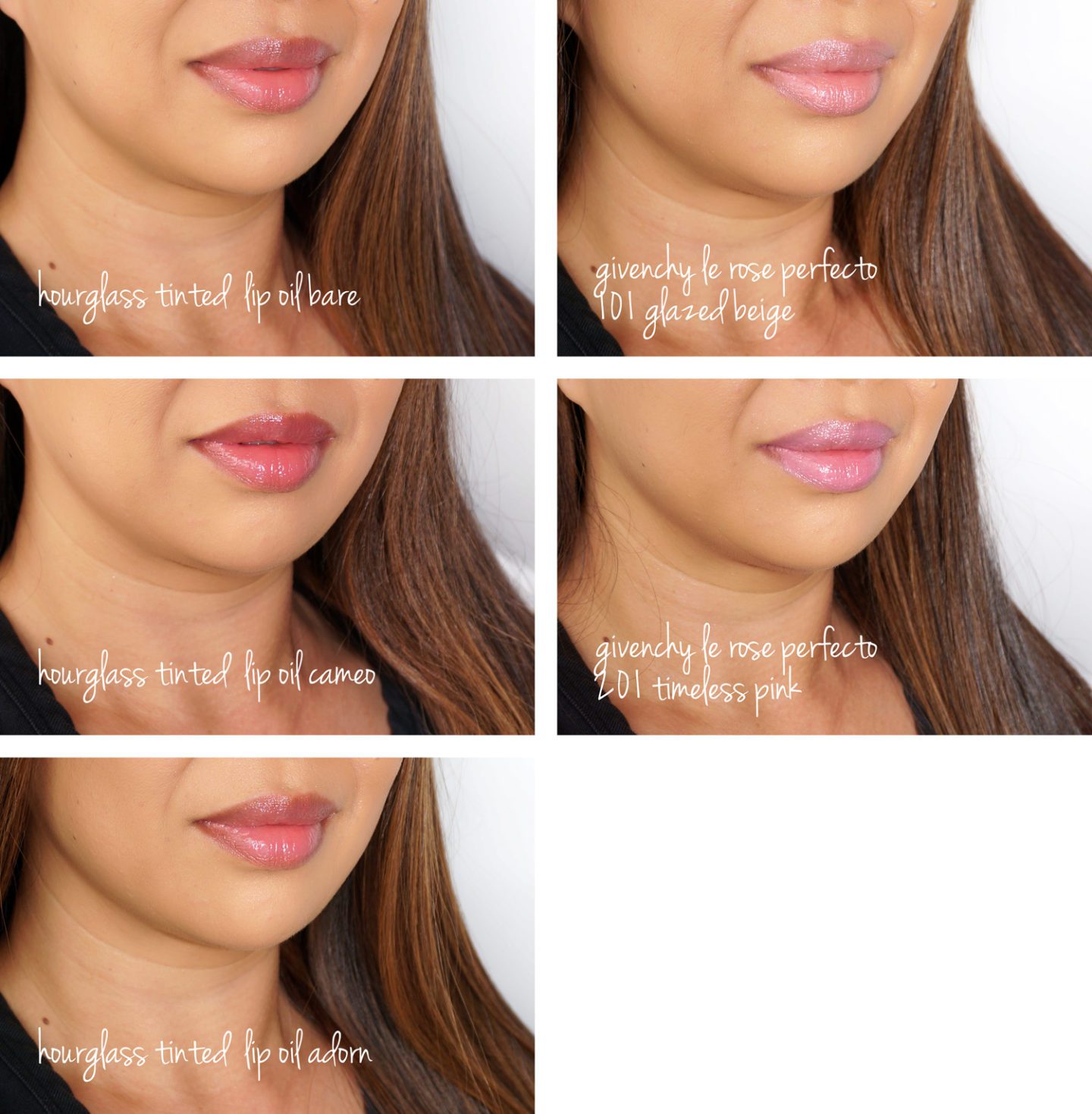 Hourglass Tinted Lip Oils Bare, Cameo and Adorn, Givenchy Le Rose Perfecto 101 and 201
