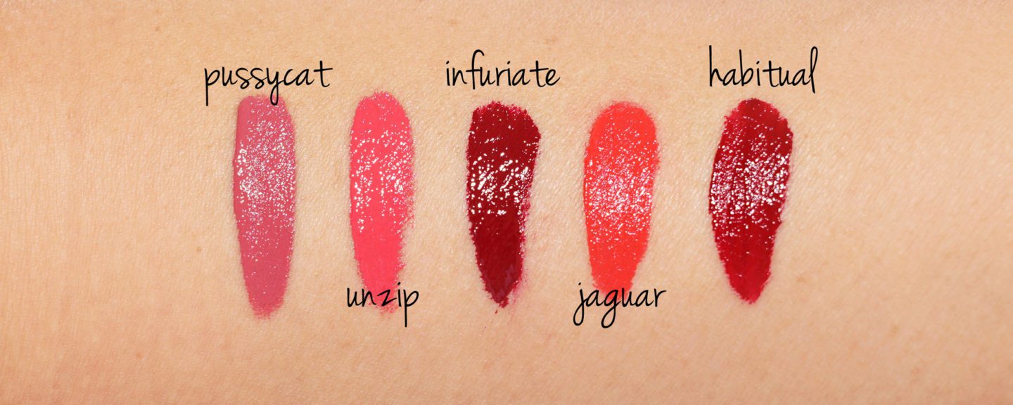 Tom Ford Lip Lacquer Luxe Pussycat, Unzip, Infuriate, Jaguar and Habitual swatches