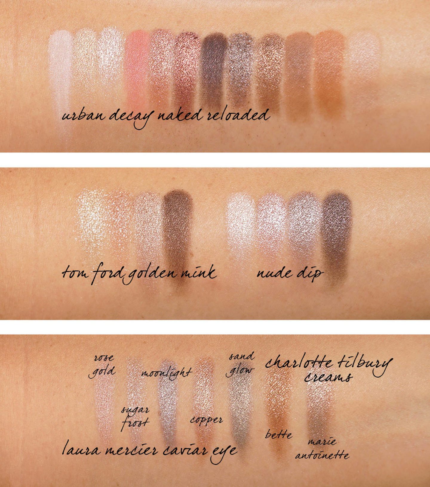 Neutral Eyeshadow Swatches Urban Decay Naked Reloaded, Tom Ford Golden Mink, Nude Dip, Laura Caviar Eye Sticks