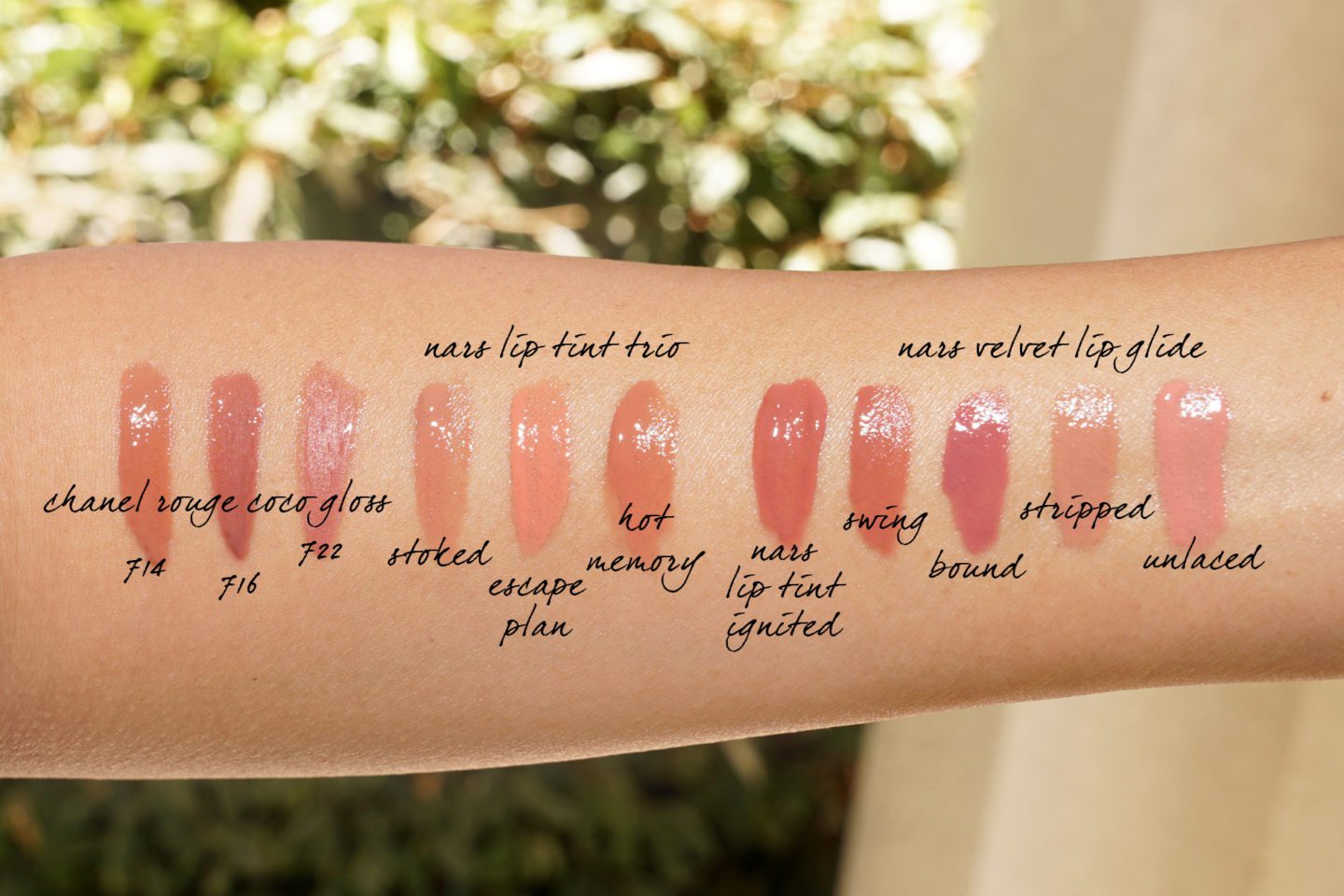 Chanel Rouge Coco Gloss and NARS Lip Tint Trio Swatches vs Velvet Lip Glide