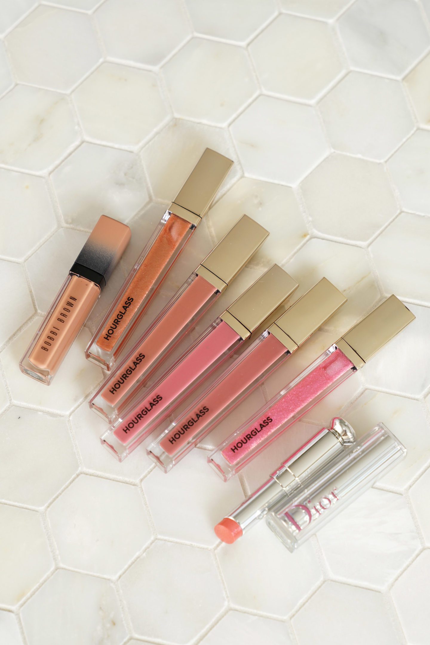 Hourglass Unreal Lipgloss, Bobbi Brown Crushed Liquid Lip and Dior Stellar Shine