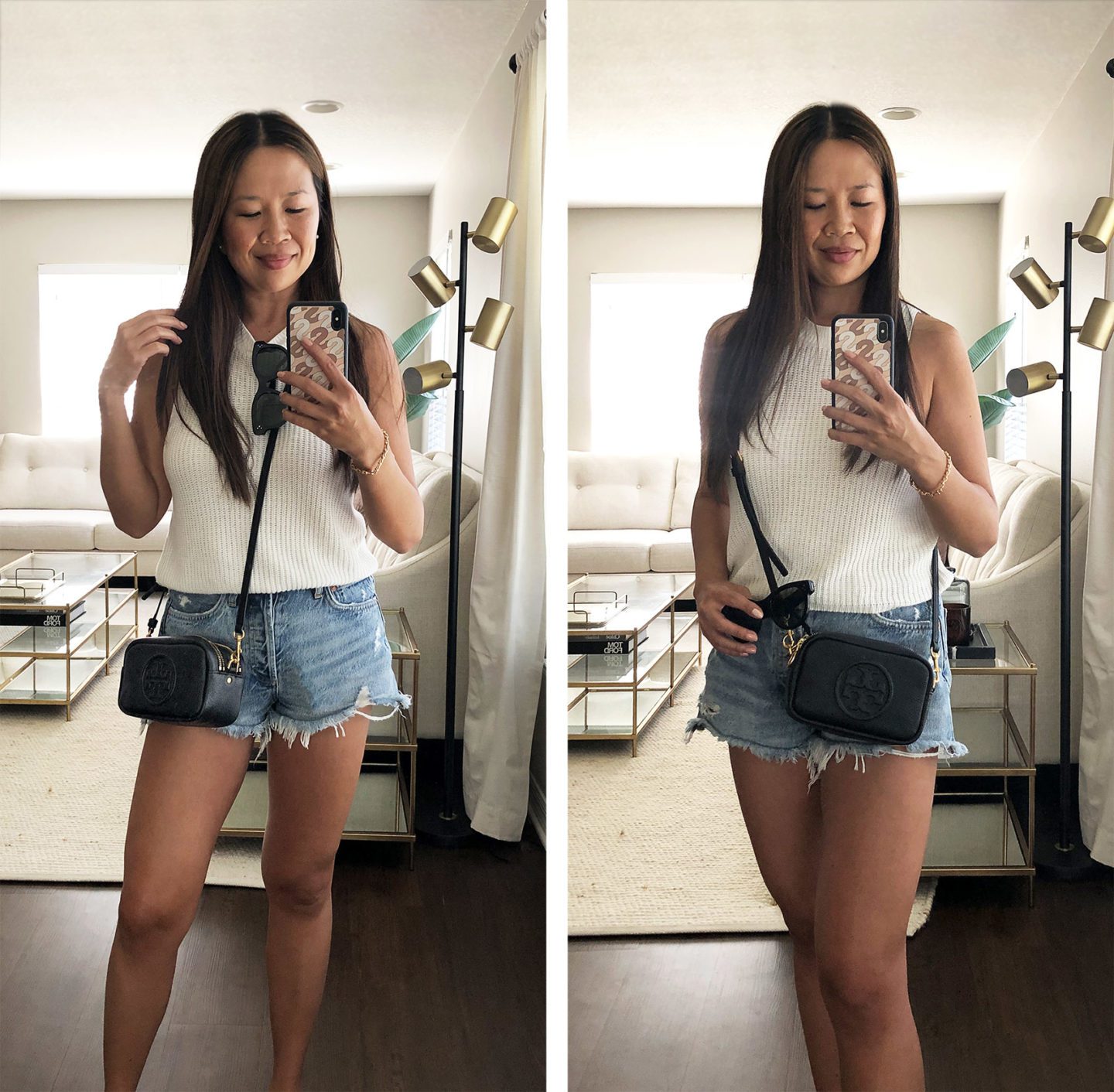 OOTD Reformation Lilac Ribbed Top, AGolde Parker Cutoff Shorts, Tory Burch Perry Mini Bombe Bag 