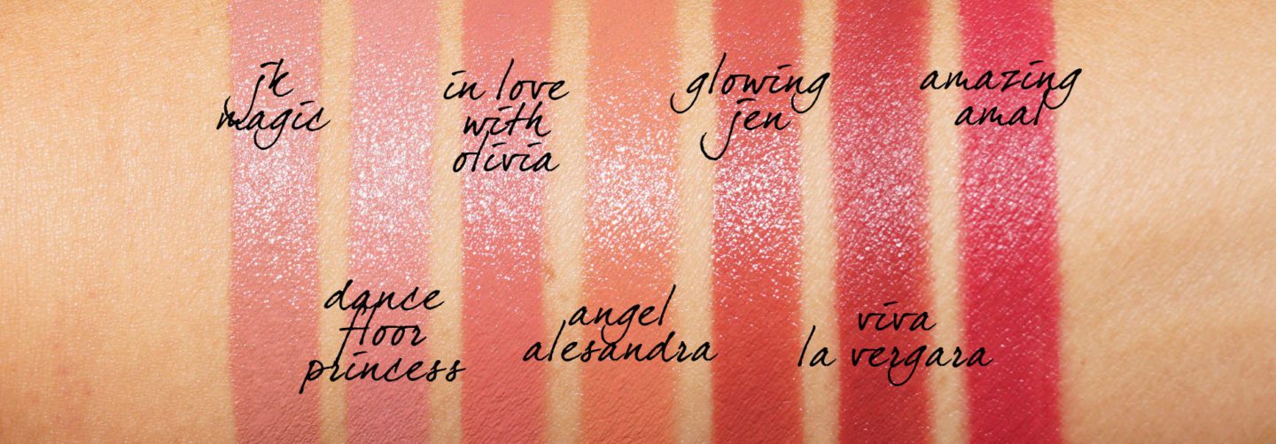 Charlotte Tilbury Hot Lips 2.0 in JK Magic, Dance Floor Princess, In Love With Olivia, Glowing Jen, Viva La Vergara, Amazing Amal swatches