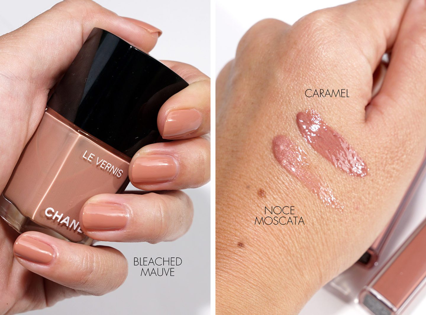 Chanel Le Vernis Bleached Mauve Rouge Coco Gloss Caramel