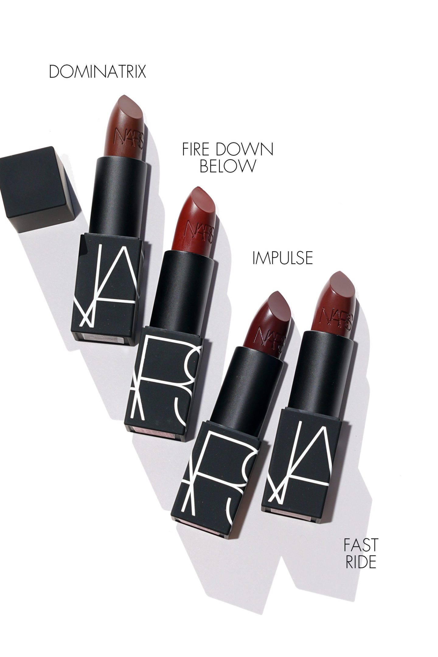 NARS Lipstick Dominatrix, Fire Down Below, Impulse, Fast Ride 