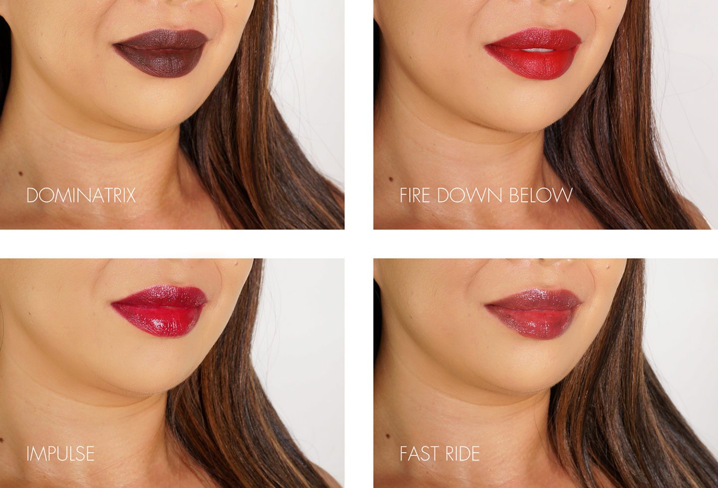 NARS Lipstick Lip Swatches Dominatrix, Fire Down Below, Impulse, Fast Ride