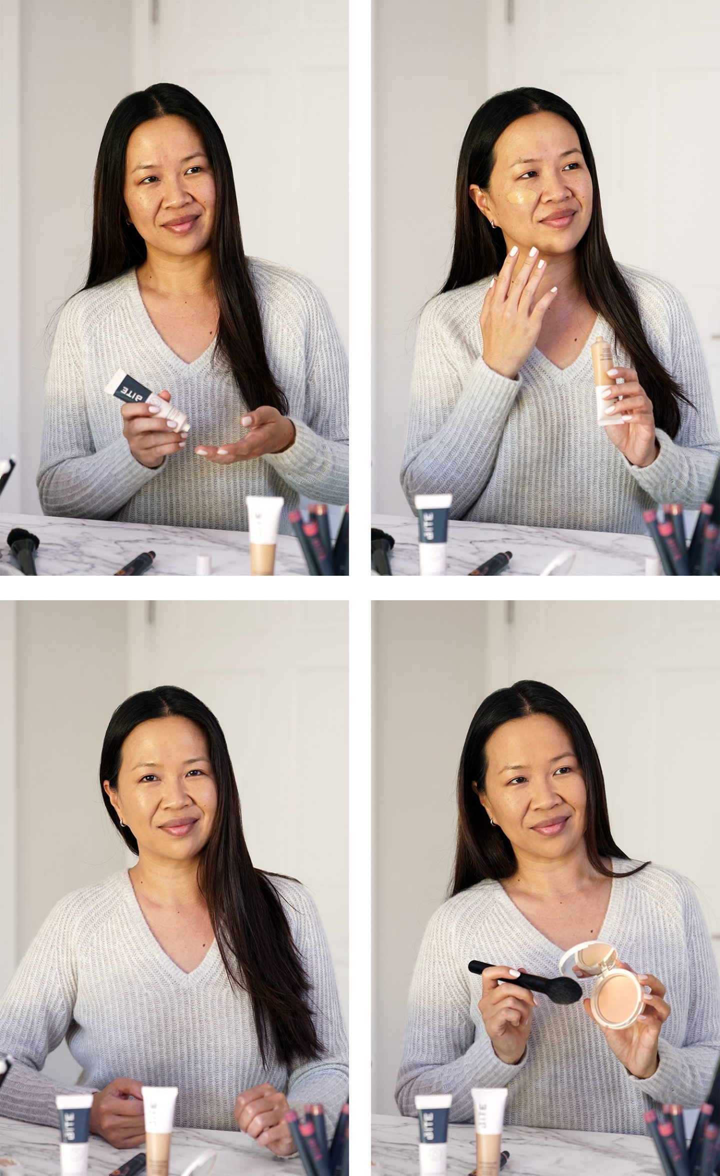 Bite Beauty Foundation and Powder before after bare skin