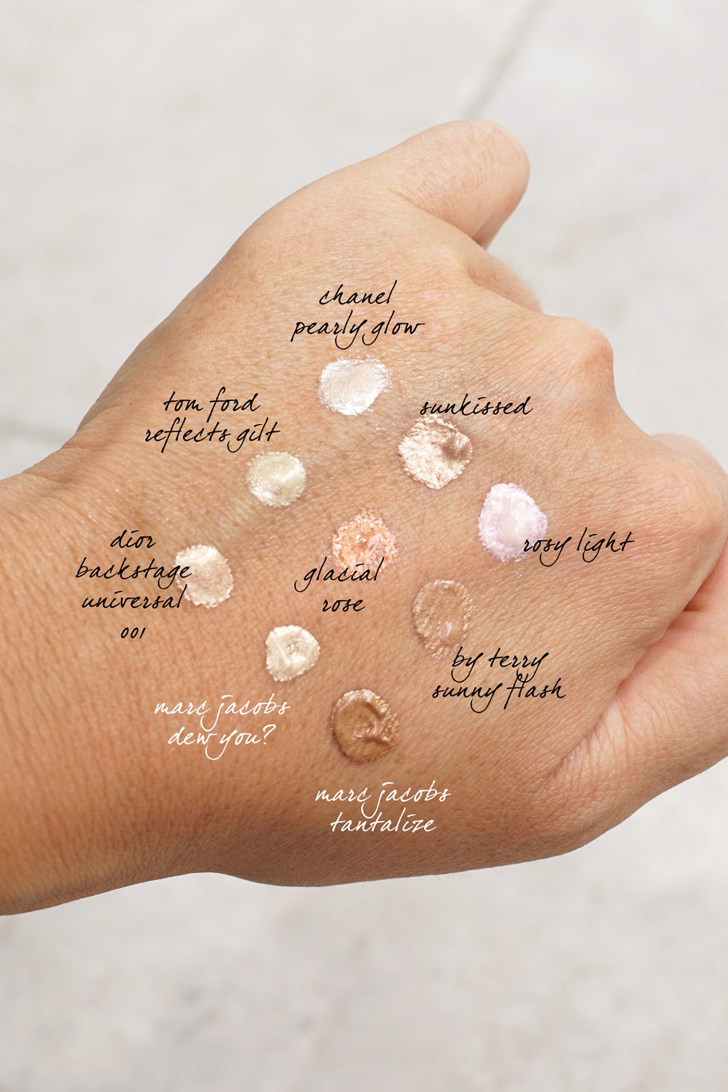 Liquid Highlighter Swatches from Chanel, Tom Ford, By Terry and Marc Jacobs