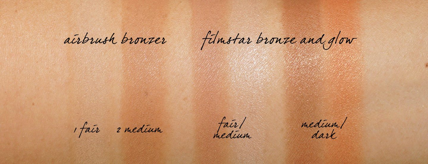 Charlotte Tilbury Airbrush Bronzer Fair Medium vs Filmstar Bronze and Glow swatches