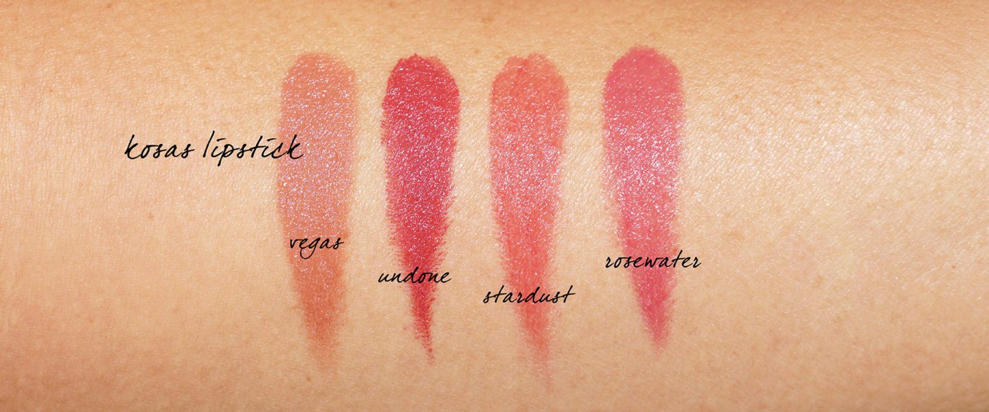 Kosas Lipstick Review Vegas, Undone, Stardust, Rosewater swatches