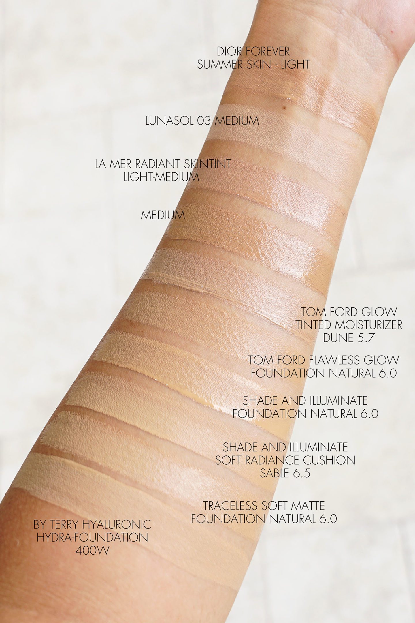 Medium Skintone Foundation Swatches Tom Ford, La Mer, By Terry, Dior