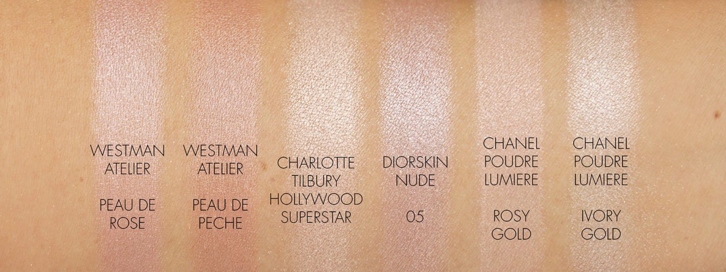 Westman Atelier, Charlotte Tilbury, Dior Highlighter swatches