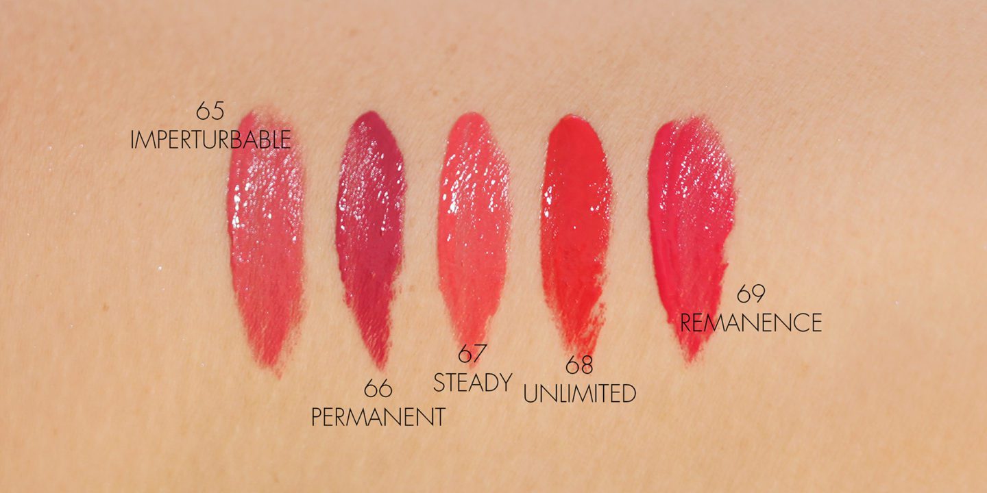 Chanel Rouge Allure Laque 65 Imperturbable, 66 Permanent, 67 Steady, 68 Unlimited, 69 Remanence swatches