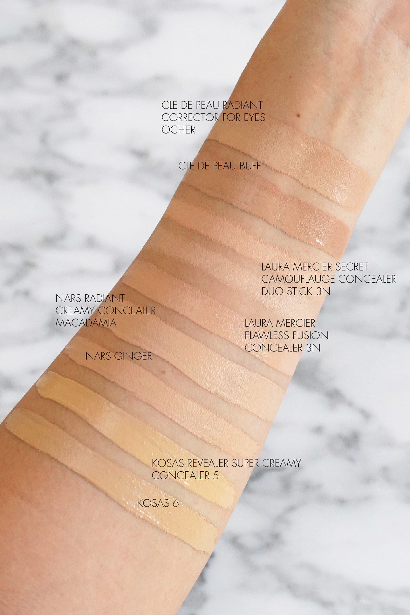 Concealer Swatches Cle de Peau, NARS, Laura Mercier