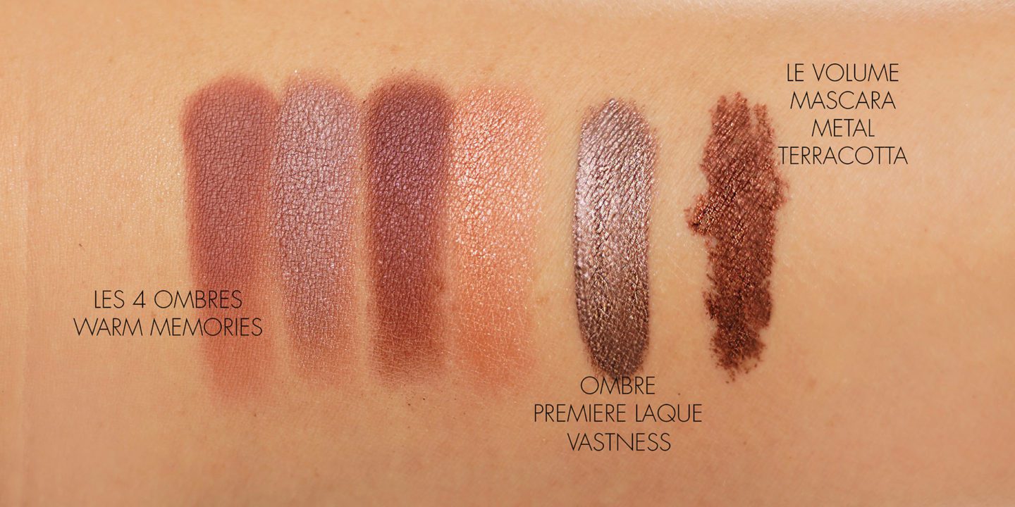 Chanel Les 4 Ombres Eyeshadow Quad in 354 Warm Memories and Le Volume de Chanel in 120 Metal Terracotta swatches