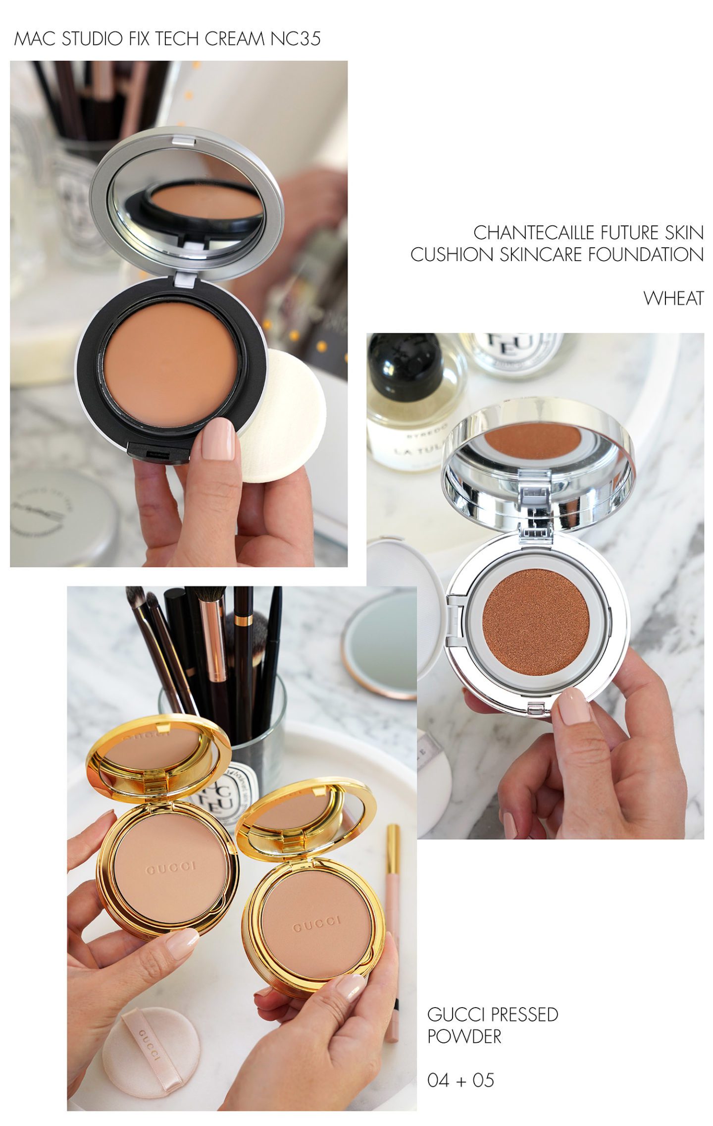 MAC Studio Fix Tech Cream NC35, Chantecaille Future Skin Cushion, Gucci Pressed Powder