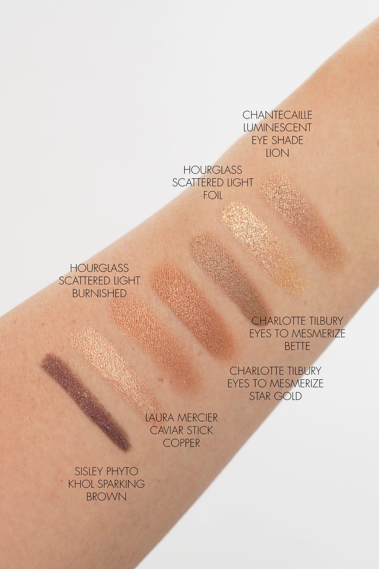 Copper Bronze Eyeshadows Laura Mercier, Hourglass, Charlotte Tilbury swatches
