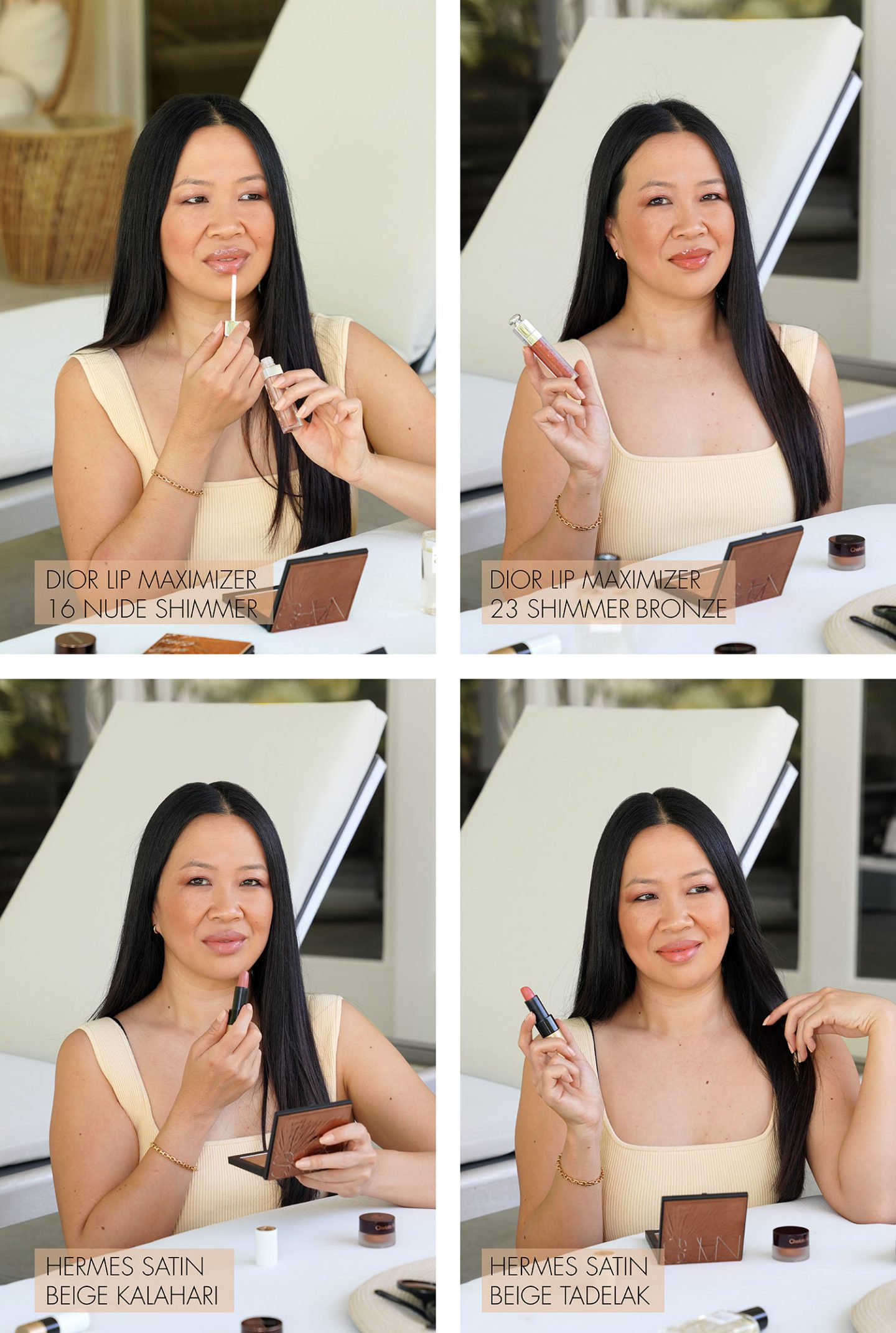 Dior Lip Maximizer Nude Shimmer, Bronze Shimmer, Hermes Lipstick Beige Kalahari and Beige Tadelak