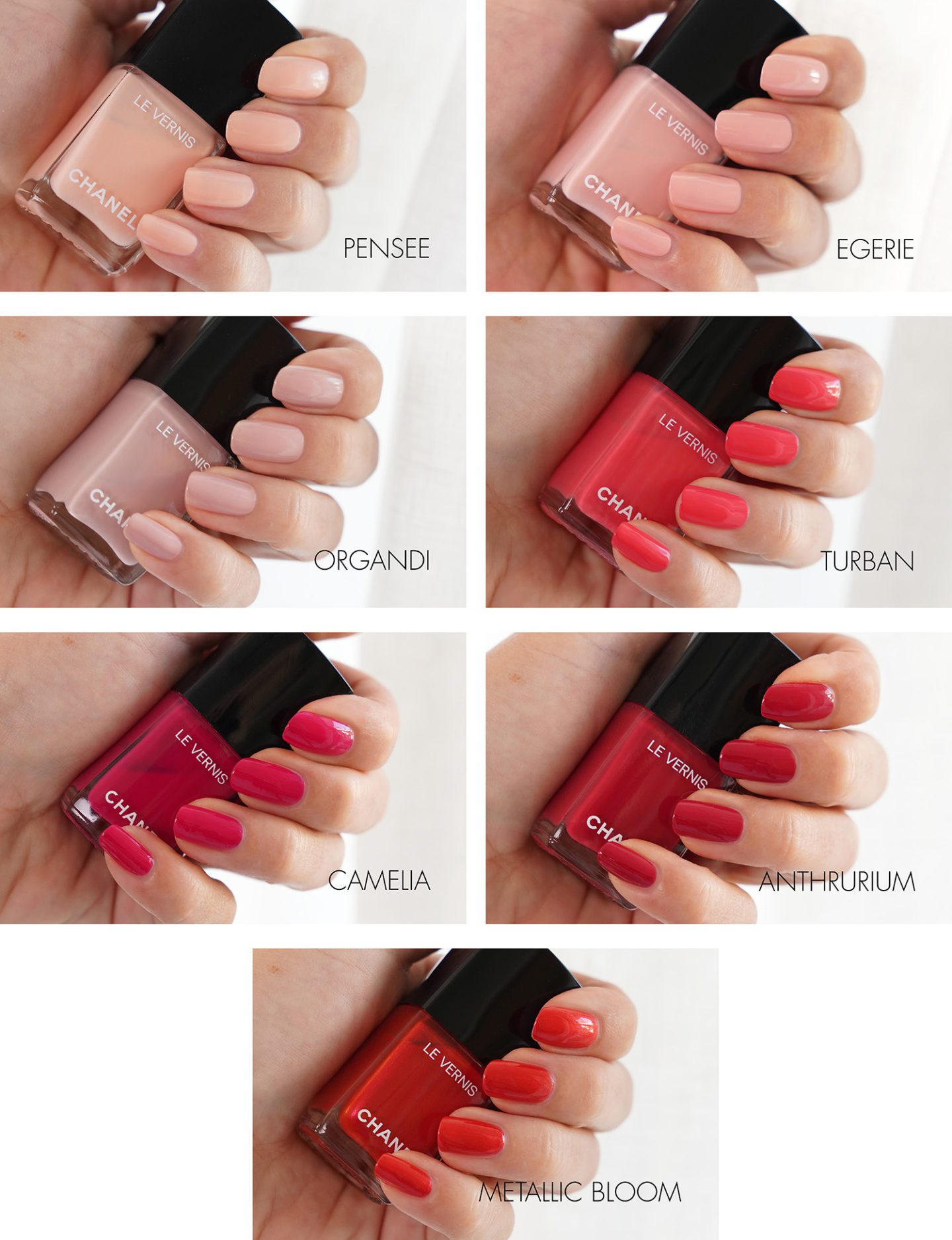 Chanel Le Vernis swatches Pensee, Egerie, Organdi, Turban, Camelia, Anthurium, Metallic Bloom