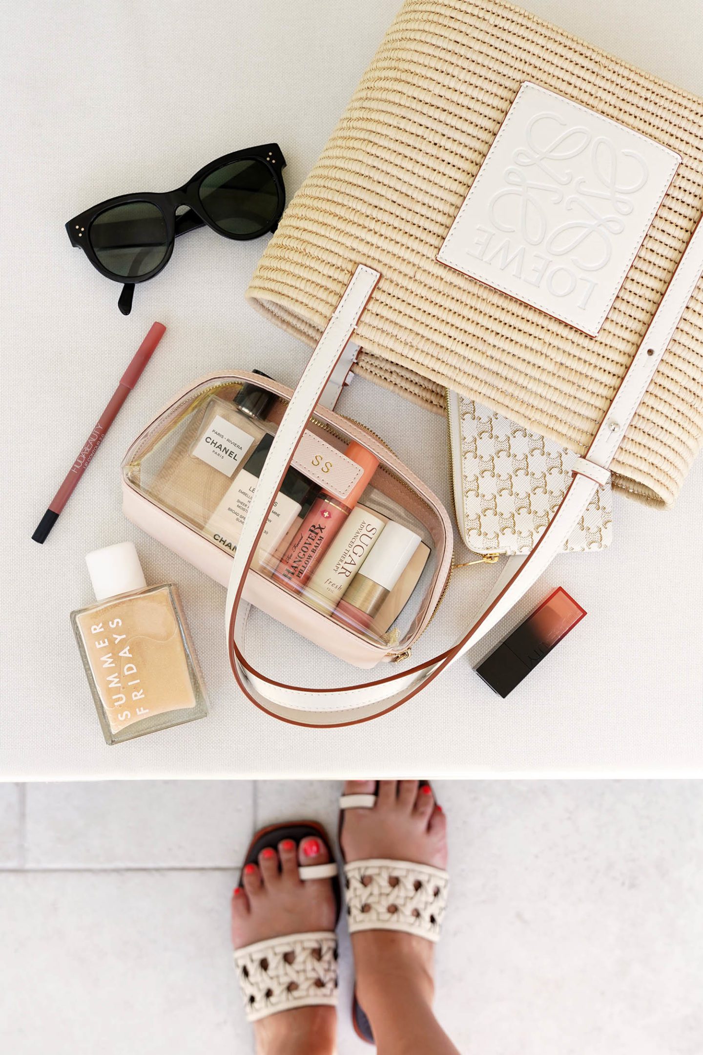 Loewe Square Basket Tote White, Tory Burch Basket Weave Sandals, Clear Makeup Bag