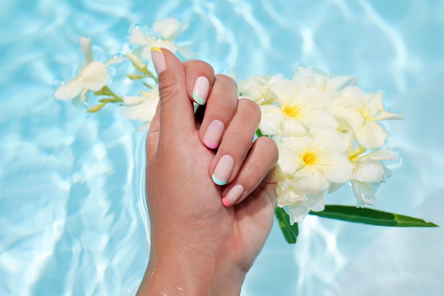 Rainbow French Tips OPI 3 Coats of OPI Bubble Bath, then (thumb to pinkie) Don’t Tell a Sol, That’s Hula-Rious, It’s a Girl, Gelato On My Mind, Got Myself Into a Jam-balaya