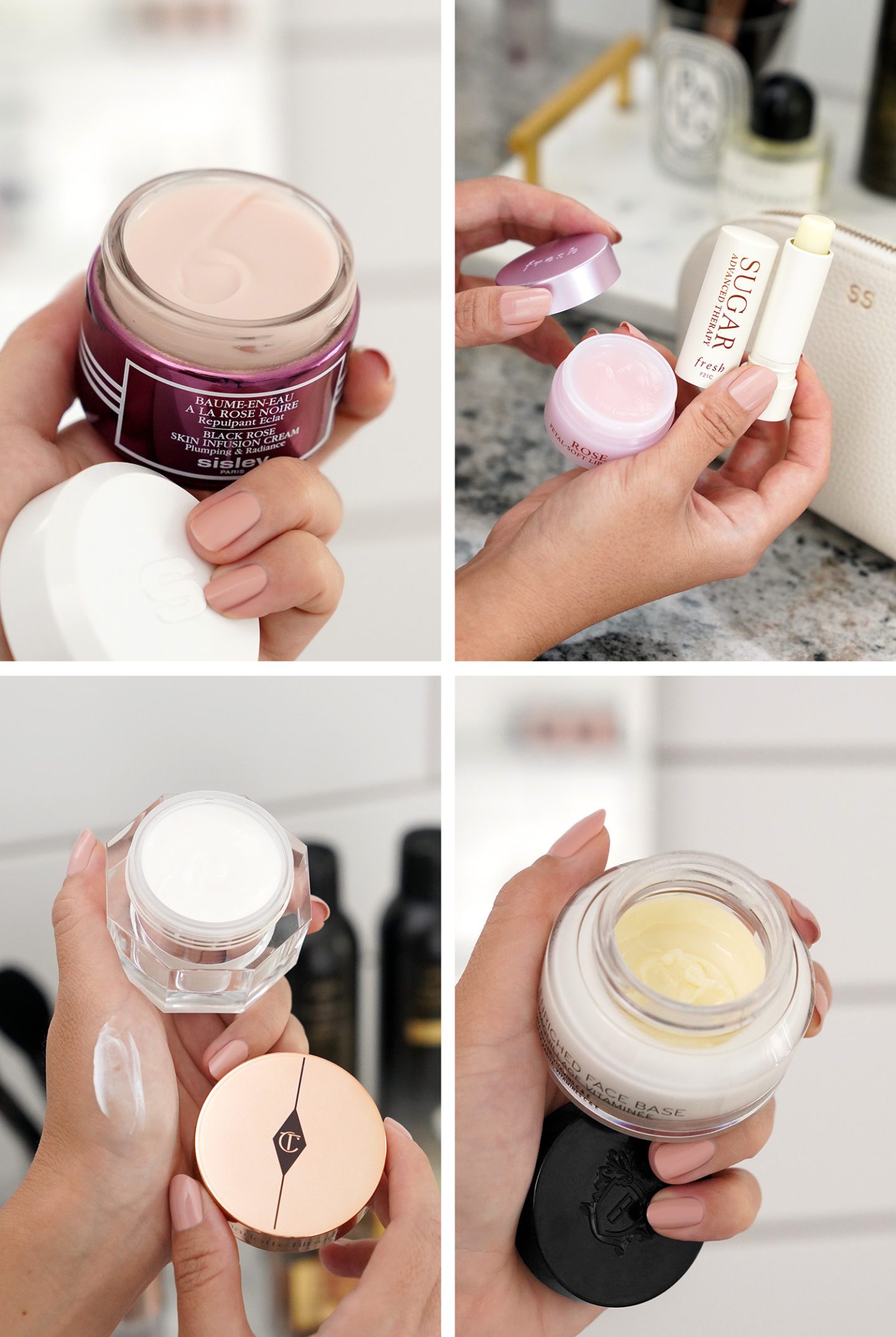 Sisley Black Rose Skin Infusion Cream, Charlotte Tilbury Magic Cream, Bobbi Brown Enriched Face Base