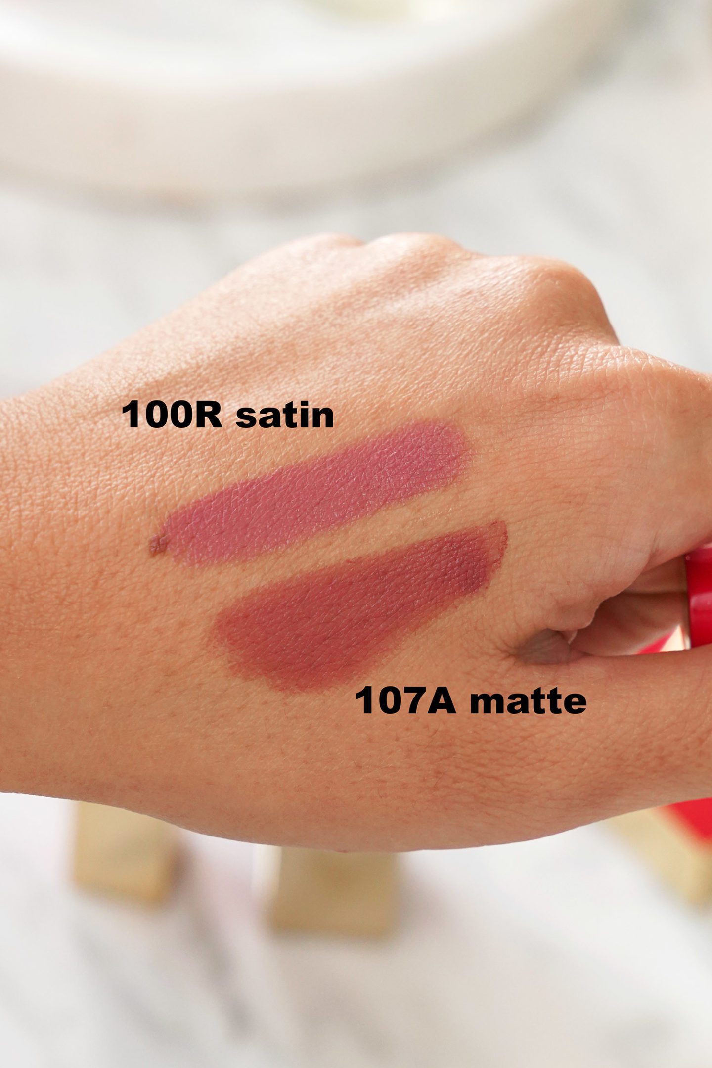 Valentino Rosso Valentino Lipstick 107A and 100R swatches