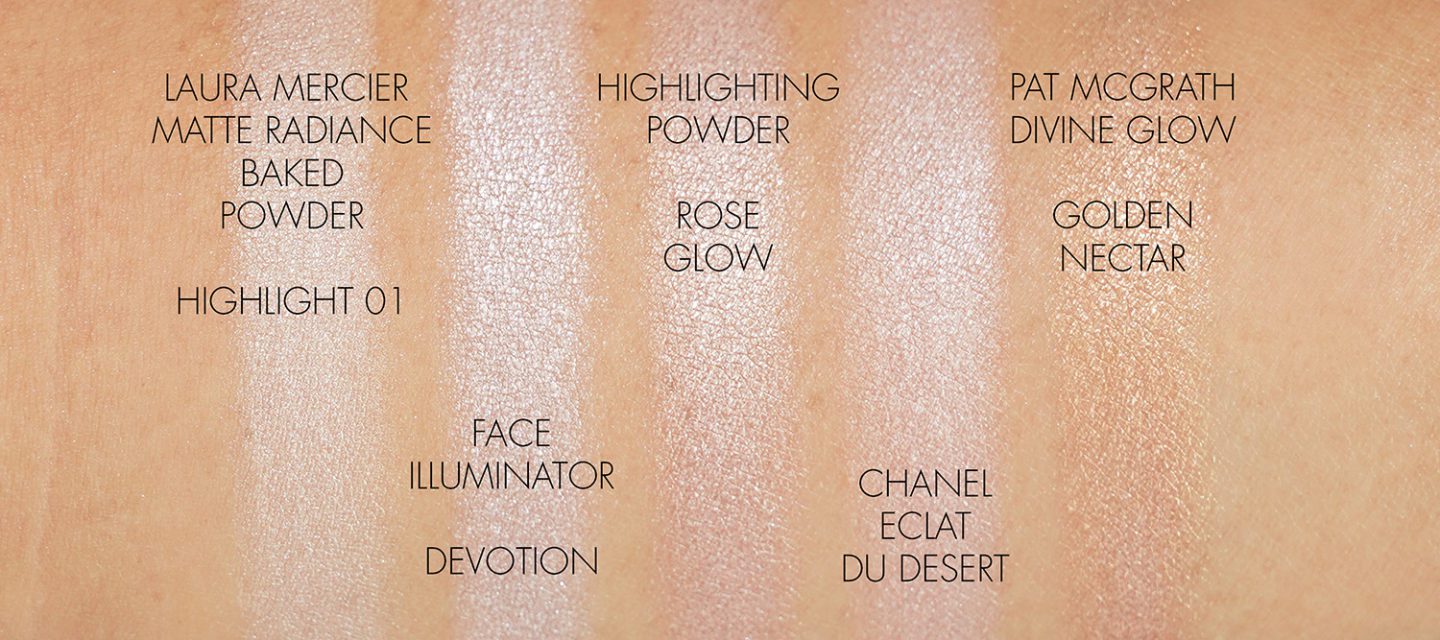 Pale Pink Highlighter swatches Chanel, Laura Mercier, Pat McGrath