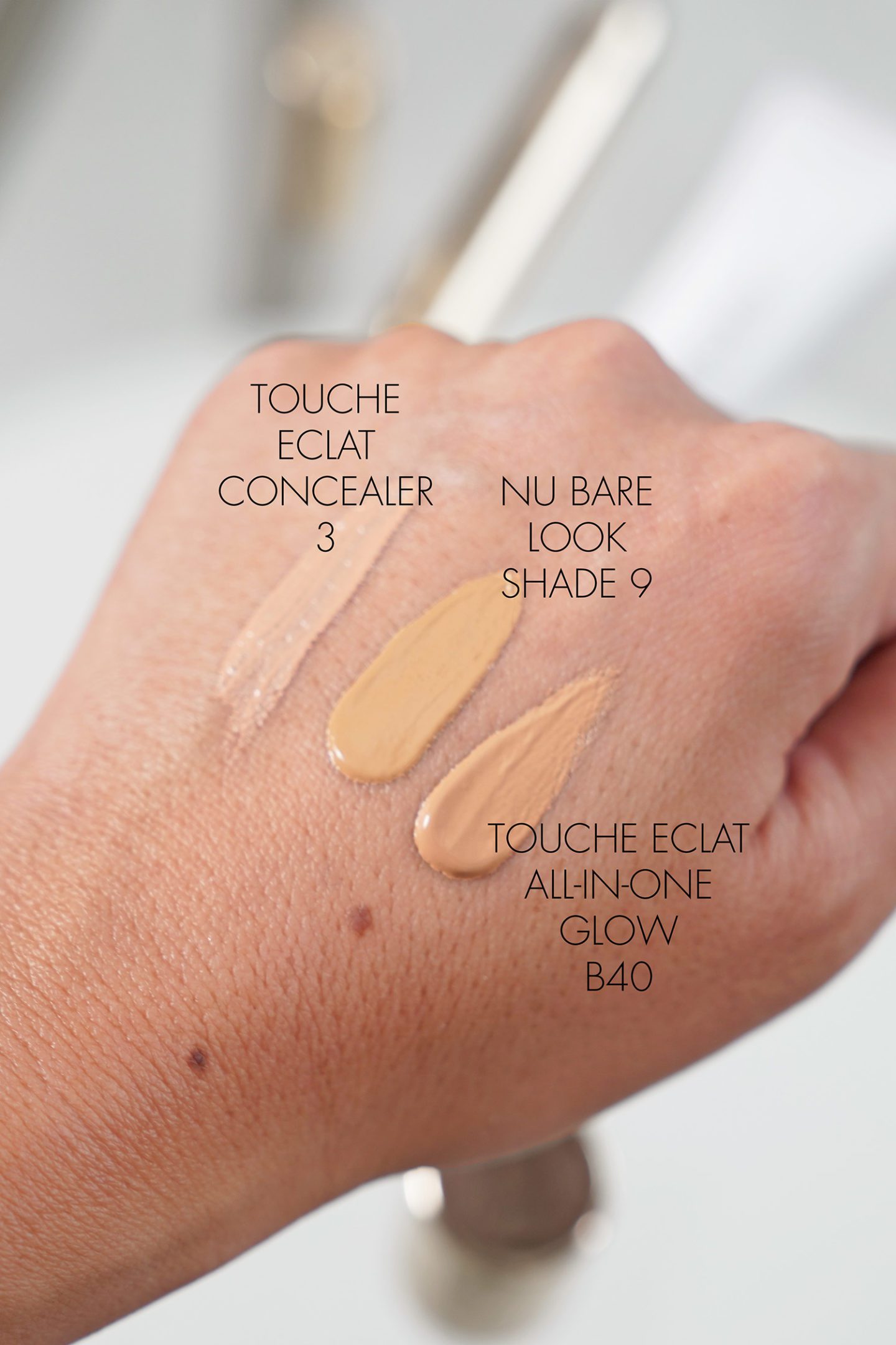 YSL Touche Eclat Concealer 3, NU Bare Look Tint 9, Touche Eclat Foundation B40 swatches