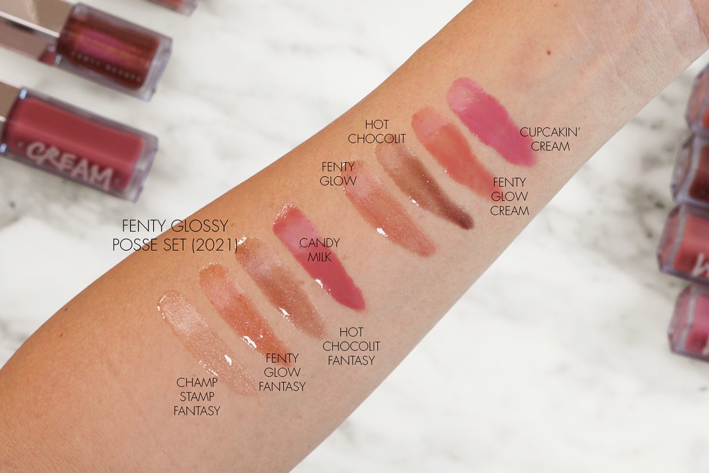 Fenty Glossy Posse Fantasy 4Sum vs Fenty Glow, Hot Chocolit, Creams