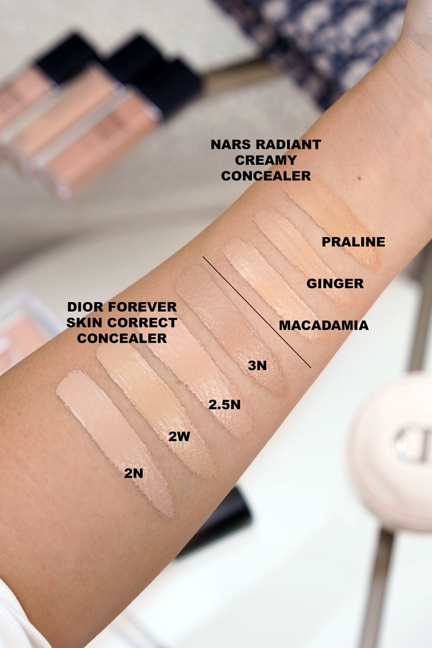 Dior Forever Skin Correct Concealer swatches 2N, 2W, 2.5N, 3N