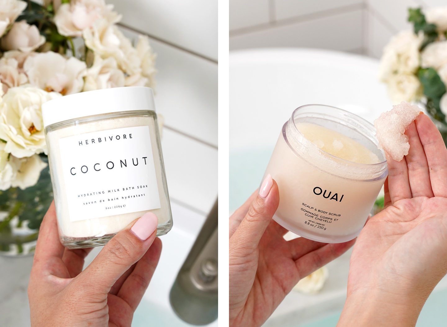 Herbivore Botanicals Coconut Soak + Ouai Scrub