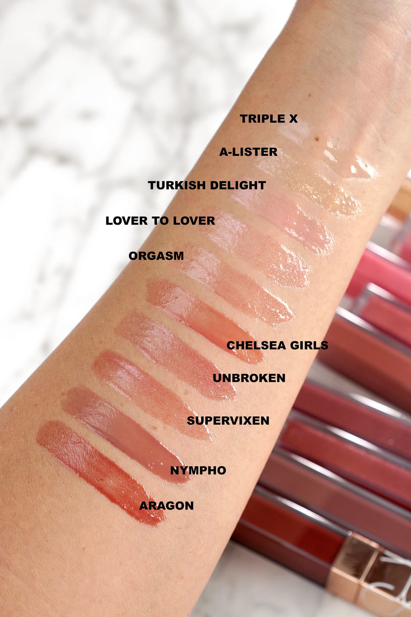 NARS Afterglow Lip Shine Lip Gloss swatches