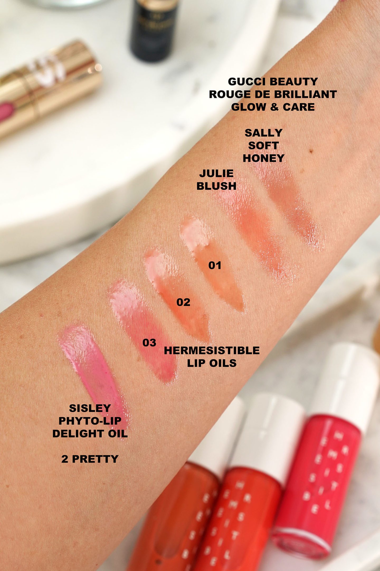 Sisley Phyto-Lip Delight Lip Oils, Hermes Lip Oil, Gucci Lipsticks