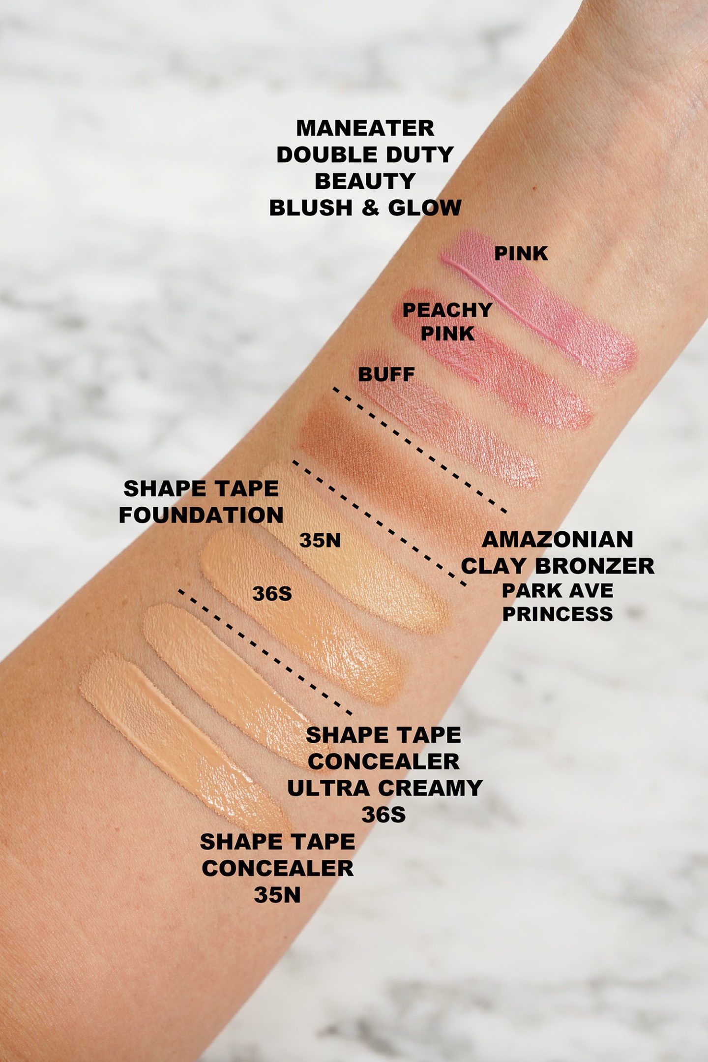 Tarte Blush, Bronzer, Foundation, Concealer Swatches