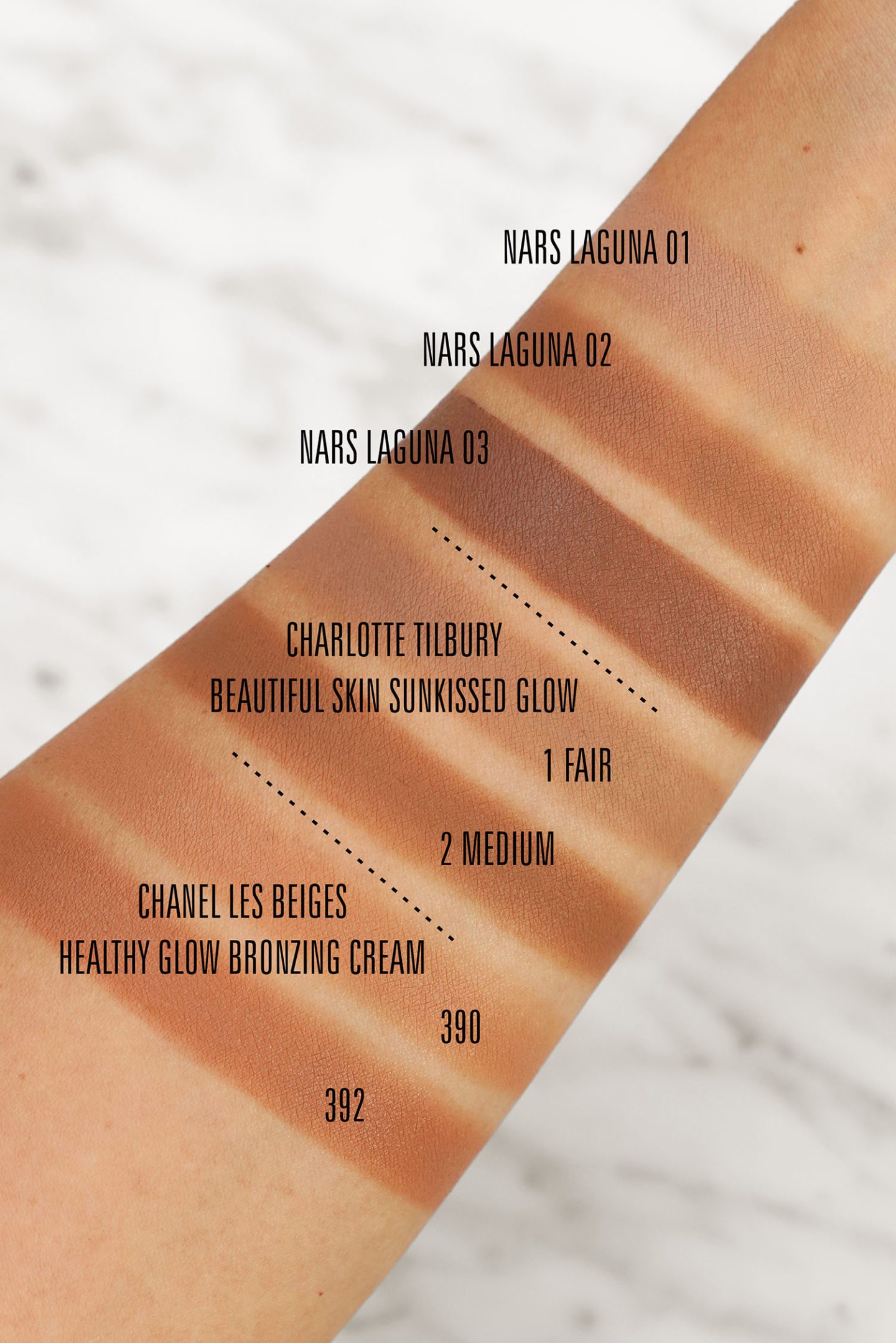 NARS Laguna Cream Bronzer swatches vs Charlotte Tilbury and Chanel