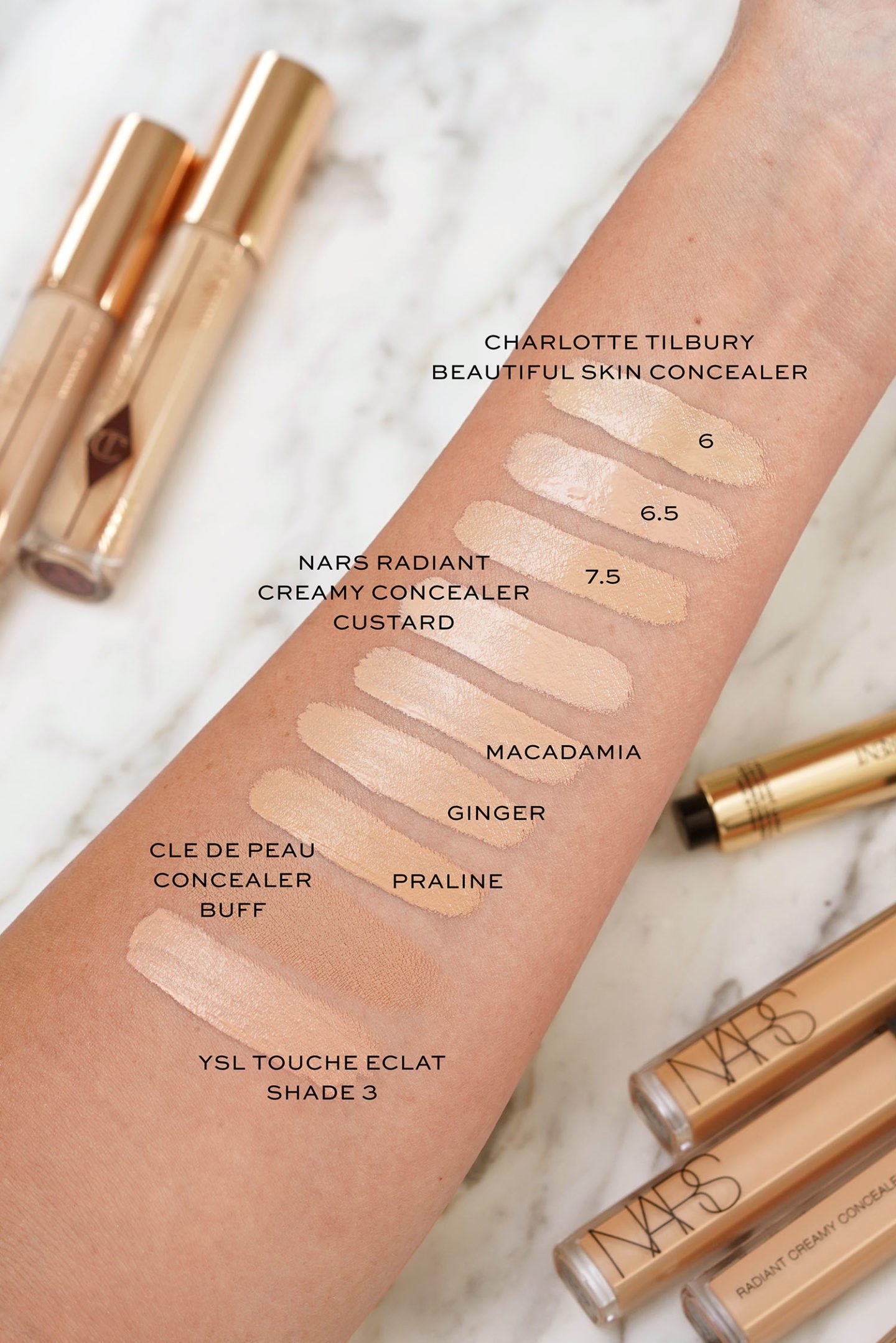 Concealer Swatches Charlotte Tilbury, NARS, Cle de Peau, YSL