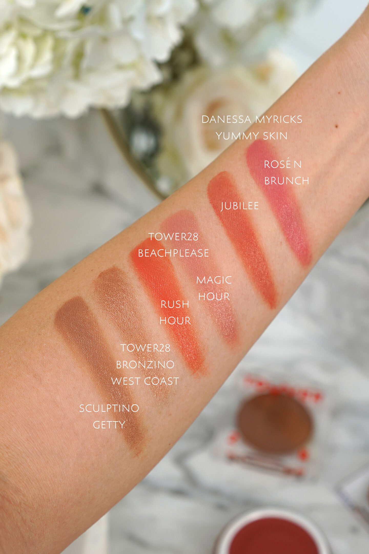 Danessa Myricks Yummy Skin Blush and Tower 28 swatches