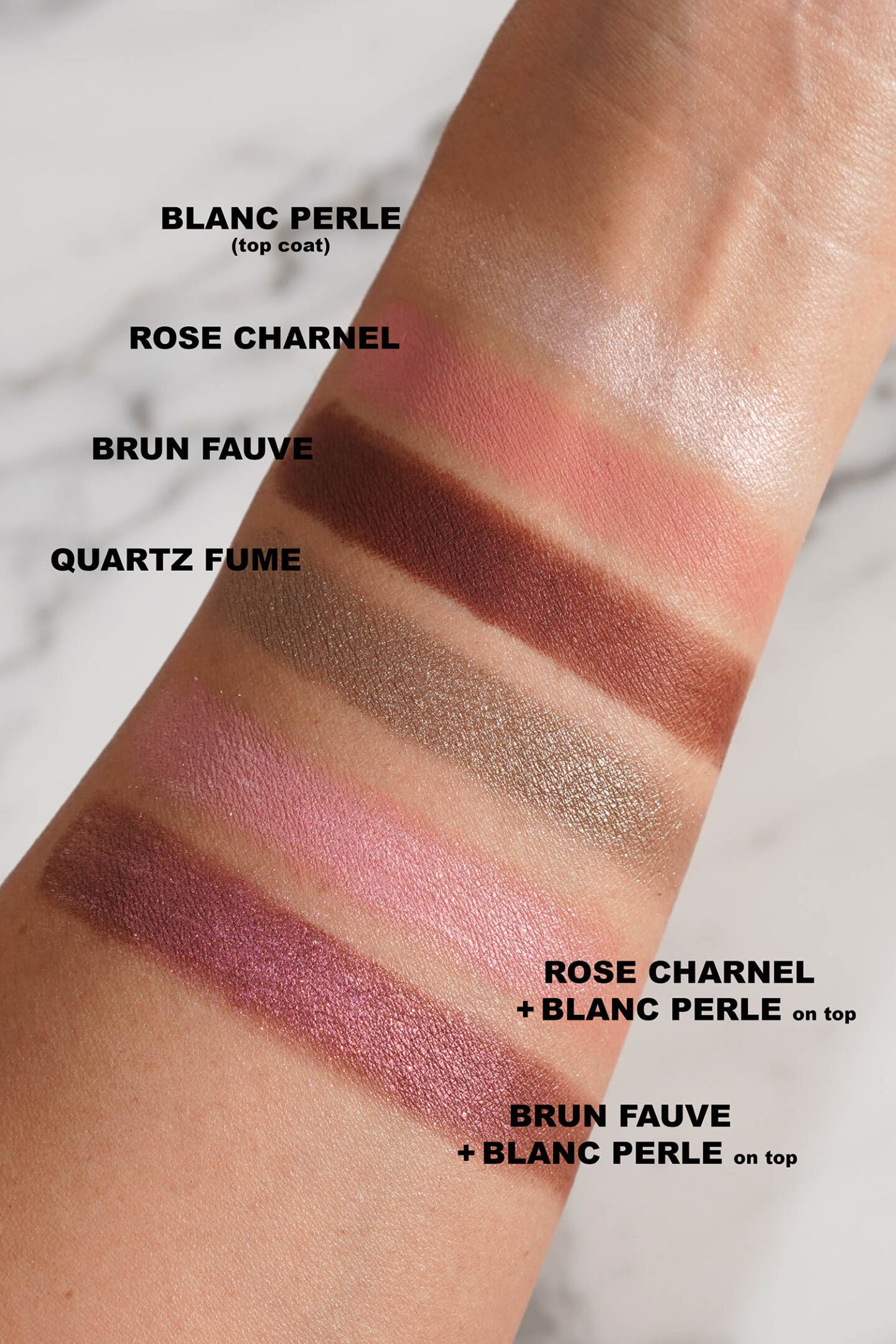 Chanel Ombre Essentielle Eyeshadow Singles and Top Coat swatches