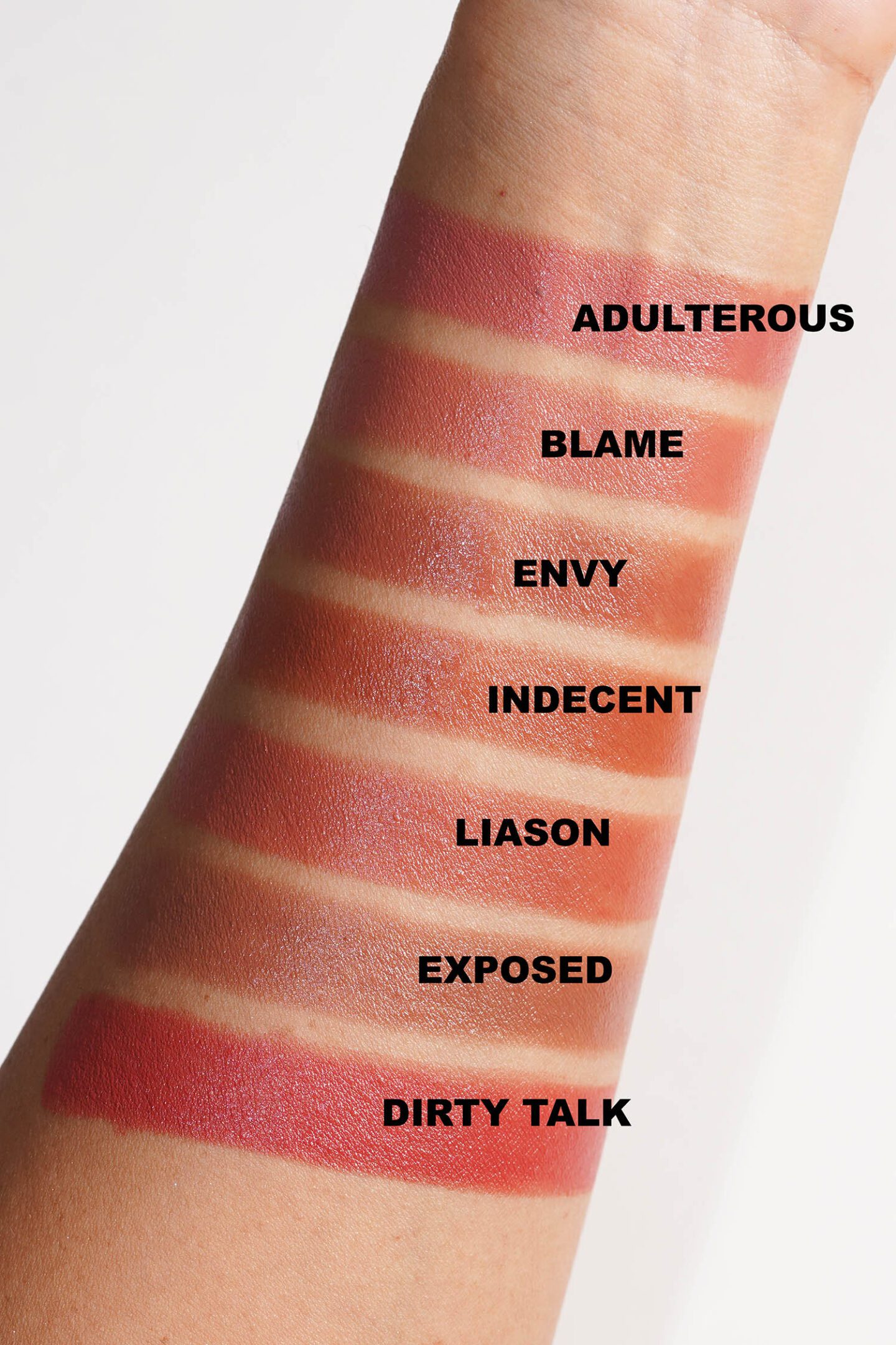 NARS Explicit Lipstick Review and Swatches via The Beauty Lookbook neutral shades