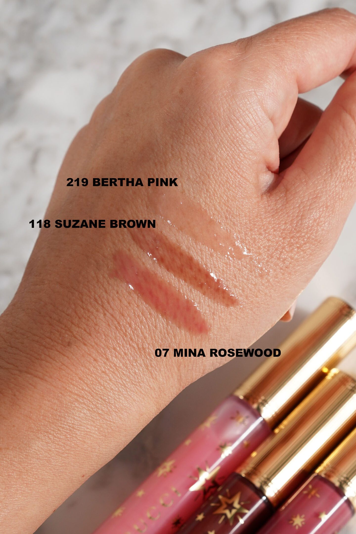 Gucci Beauty Hydrating Plumping Gloss Bertha Pink, Suzane Brown and Mina Rosewood