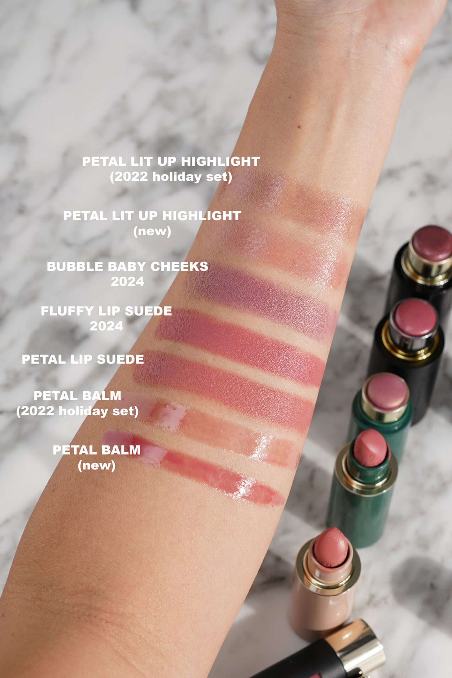 Westman Atelier swatch comparisons Petal Fluffy and Bubble