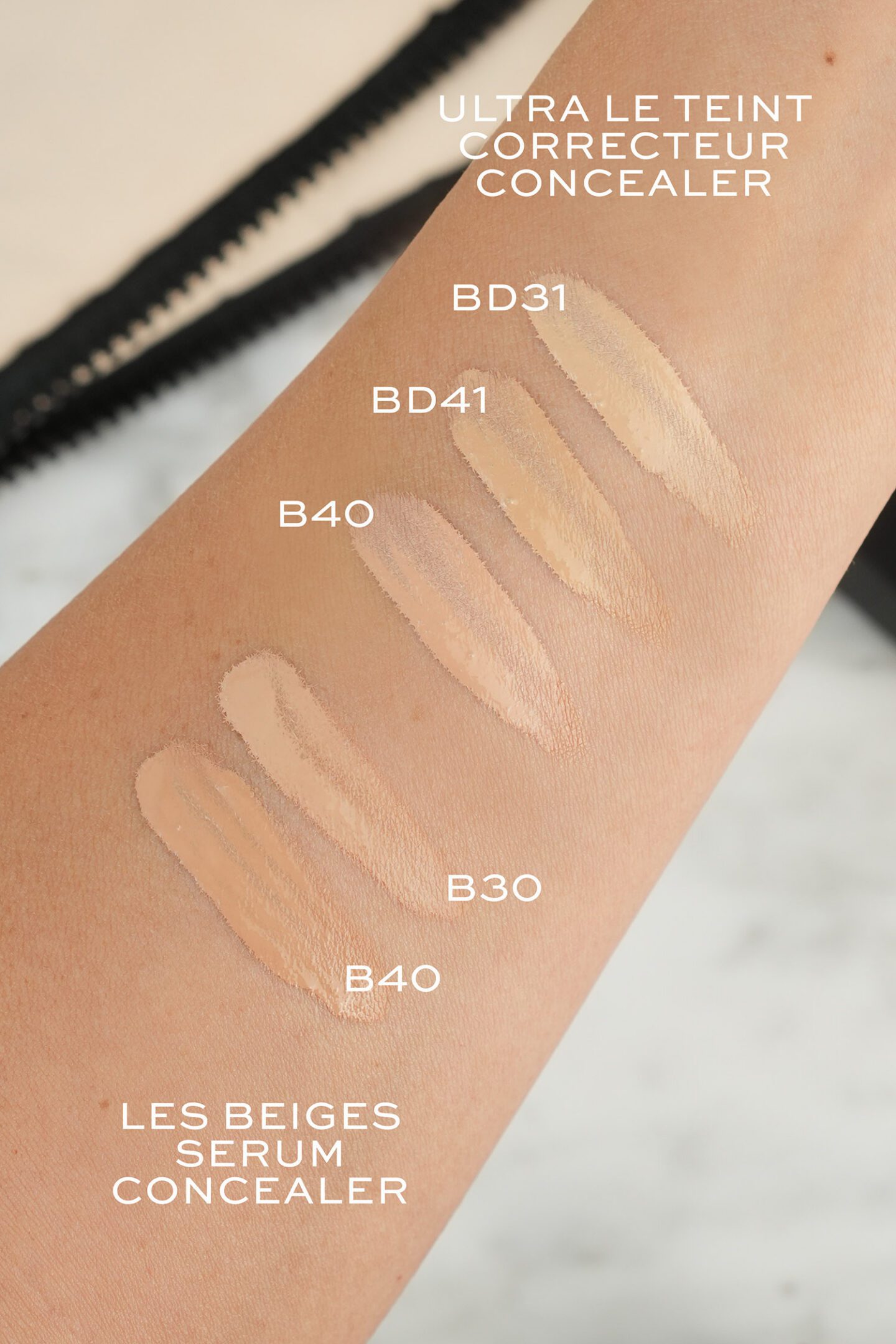 Chanel Ultra Le Teint Concealer BD31 B40 and BD41 vs Les Beiges Serum Concealer B30 and B40